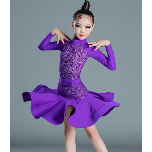 Purple violet black lace long sleeves competition ballroom latin dance dress for girls kids modern rumba salsa latin dance costumes for children